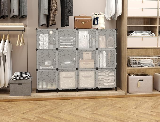 AWTATOS 12 Cube Storage Organizer with Doors, DIY Plastic Closet Shelf, Modular Bookshelf, Stackable Shelving Rack for Bedroom, Living Room, Black ULPZ012