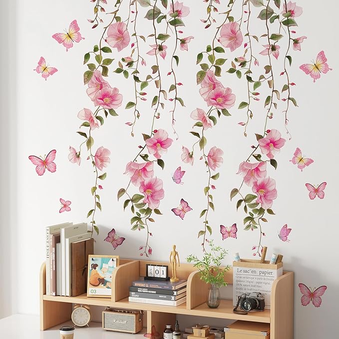 2 Sheets Removable Hanging Pink Vine Flowers Wall Decal Green Leaves Wall Decal DIY Pink Butterfly Stickers Self-Adhesive Art Decor for Girls Room Living Room Bedroom TV Backdrop Decor