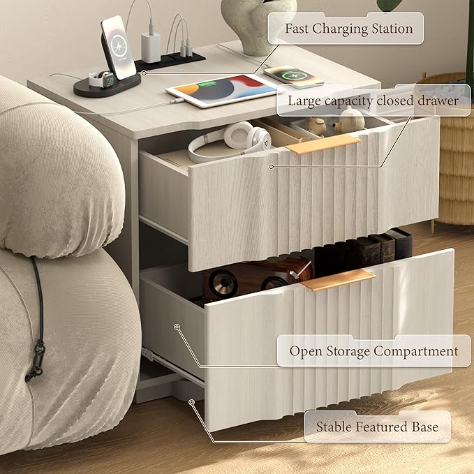 XIAO WEI End Table with 20W Fast Charging Station Set of 2,Fluted Side Table with Storage,End Table with Drawers,Sofa Table for Living Room, White