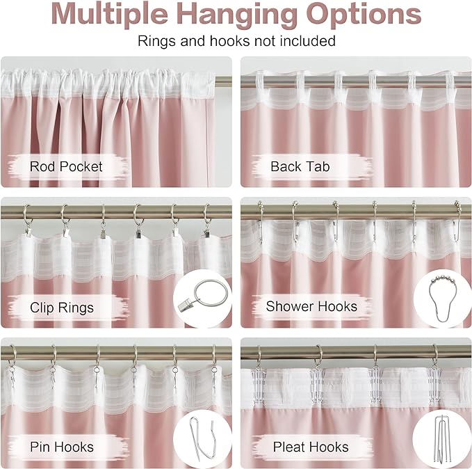 Back Tab and Rod Pocket Muted Pink Curtains for Girls Bedroom Decor Baby Pink - Room Darkening Thermal Insulated for Living Room 52 x 84 Inches Long Set of 2 Panels