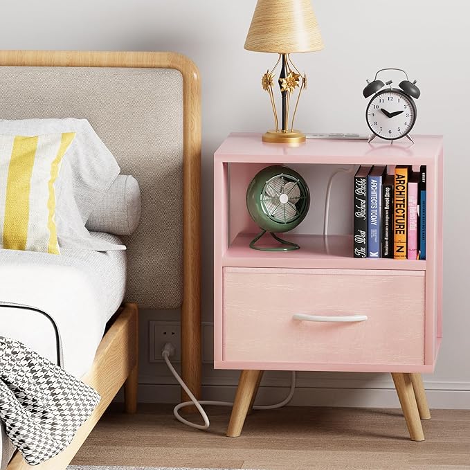Night Stand with Charging Station, Pink Kids Nightstand with Drawer, 2-Tier Nursery Bedside Table with USB Ports and Outlets, End Table for Small Space, Living Room, Bedroom