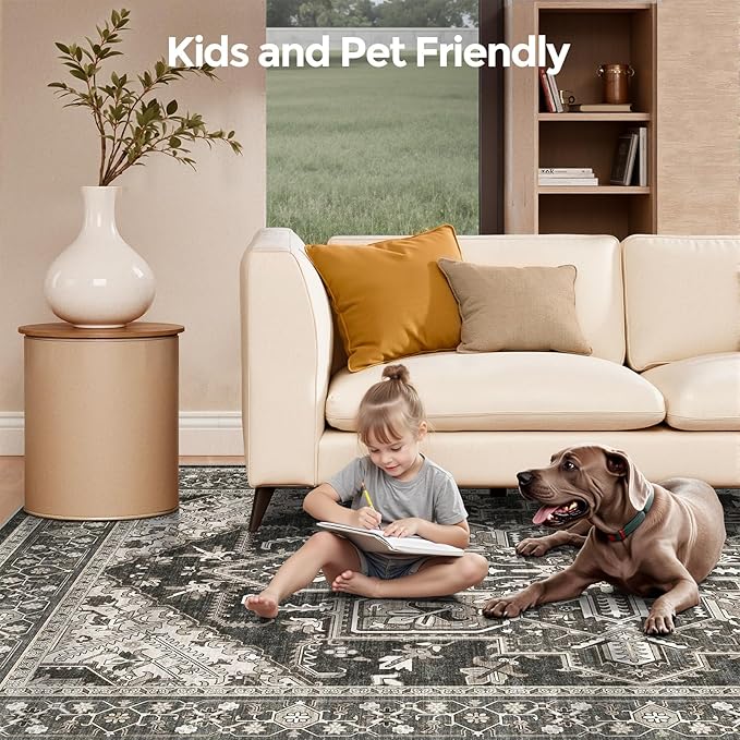 WITSHOCK Black 10x14 Large Living Room Rugs: Washable Modern Vintage Boho Soft Low Pile Stain Resistant Foldable Carpet for Bedroom Playroom Dining Room Office, Distressed Farmhouse Floral Home Decor