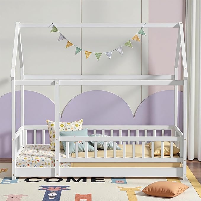 LLS Twin Montessori Floor Bed, Wooden Floor Bed Frame with Slats and Fence, House Bed for Boys Girls Bedroom, White