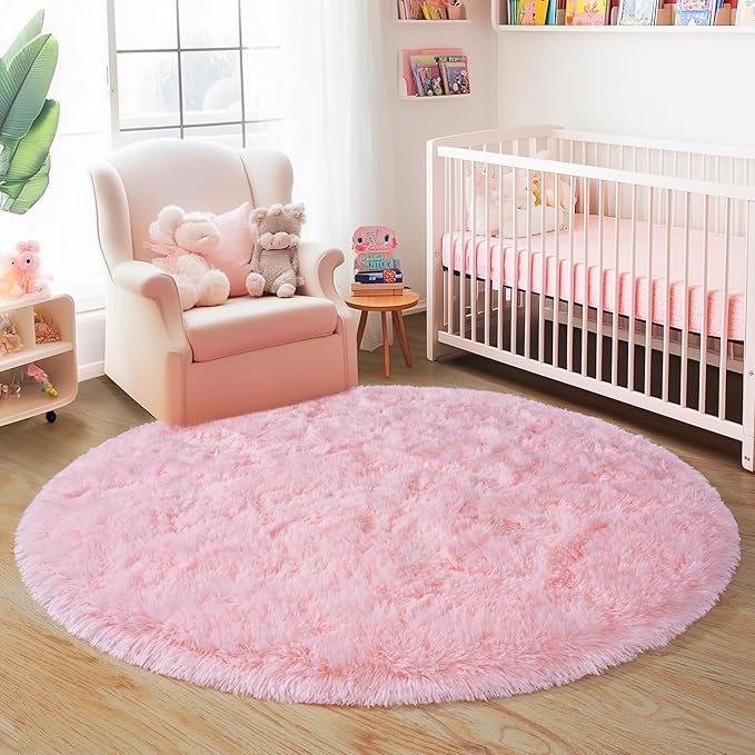 5'x5' Round Pink Rugs for Girls Bedroom, Ultra Soft Fluffy Circle Rug for Kids Room, Cute Shag Rugs for Living Room Playroom Tent Castle Home Decor Rug