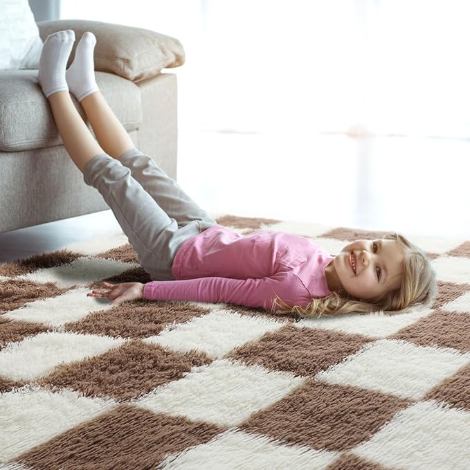 KICMOR Living Room Rug 5x8 Brown and Cream White, Large Fluffy Shag Fuzzy Checkered Area Rugs Shaggy Bedroom Carpet, Indoor Soft Plush Furry Big Rug for Teen Kids Boys Girls Room Nursery Home Decor