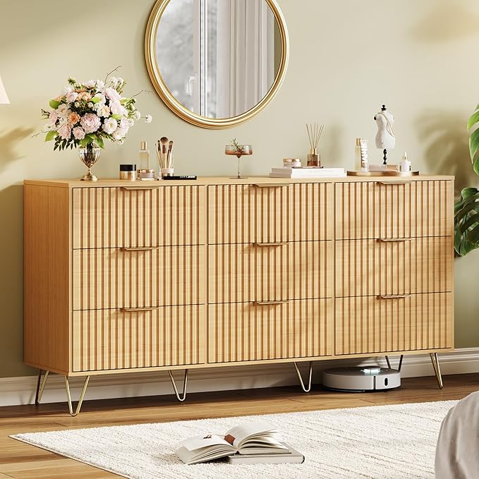 Garvee Fluted Dresser for Bedroom with 9 Drawers,63" Wide Modern Chest of Wooden Bedroom Chest with Metal Handle,Clothes Storage Organizer,Closet Dresser & TV Stand for Living Room,Hallway,Natural