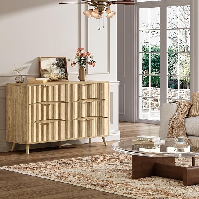Evermagin 55" Wide Fluted 6 Drawer Dresser, Mid Century Modern Curved Dresser, Light Wood Chest of Drawers for Bedroom, Living Room and Entryway, Natural Oak