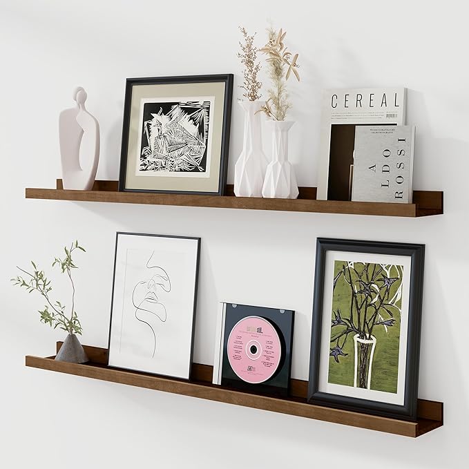 Fun Memories Picture Ledge Shelf, Pine Wood Floating Shelves Set of 2, 48 inch Nursery Book Shelves, Photo Ledge Book Shelves Wall Mounted for Living Room Kids' Room Bedroom - Walnut