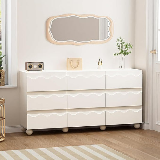 Anbuy Begie Scalloped Dresser for Bedroom with 9 Drawers, 63" Wide Modern Chest of Drawers with Hidden Handle, Wooden Dresser, Fluted Wood Closet Clothes Storage Organizer for Living Room, Hallway