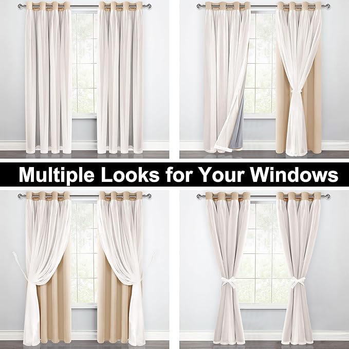 XWZO 100% Blackout Double Layer Curtains, Blackout Curtains with Sheer Overlay for Living Room, Grommet Thermal Insulated Privacy Curtains with Tiebacks, 2 Panels, 70x84, Biscotti Beige