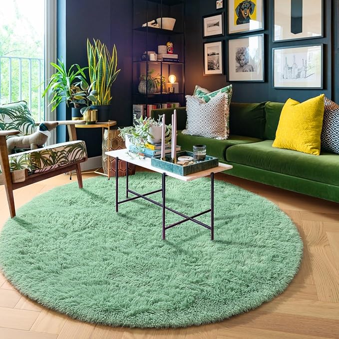 Amdrebio Sage Green Round Rugs 5Ft for Bedroom, Fluffy Furry Circle Rug for Nursery, Baby Kids Room Decor, Cute Shaggy Area Rugs for Preppy Dorm, Teen Girls Boys, Fuzzy Indoor Light Mint Green Carpet