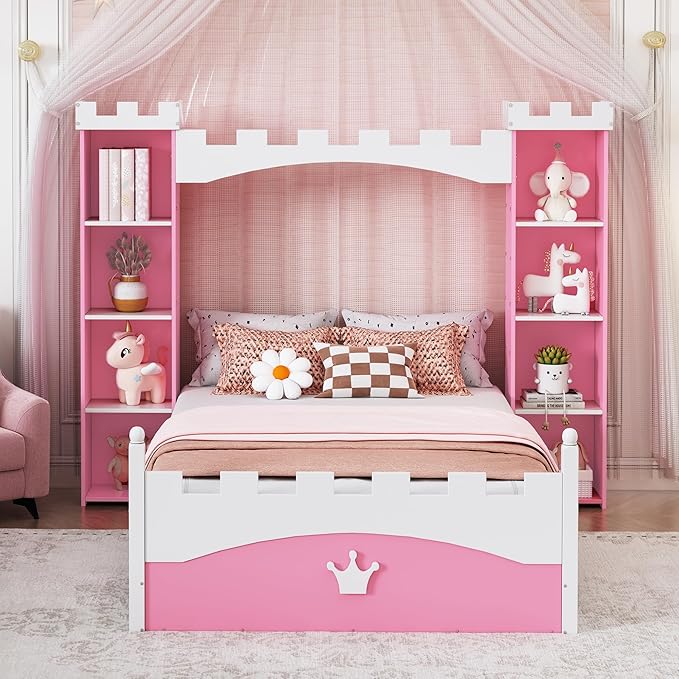 Castle-Shaped Wooden Platform Bed with Storage Shelf, Dreamy Twin Size Kids Platform Bed for Girls Boys Bedroom, Sturdy Slats Support (Pink+White Castle)