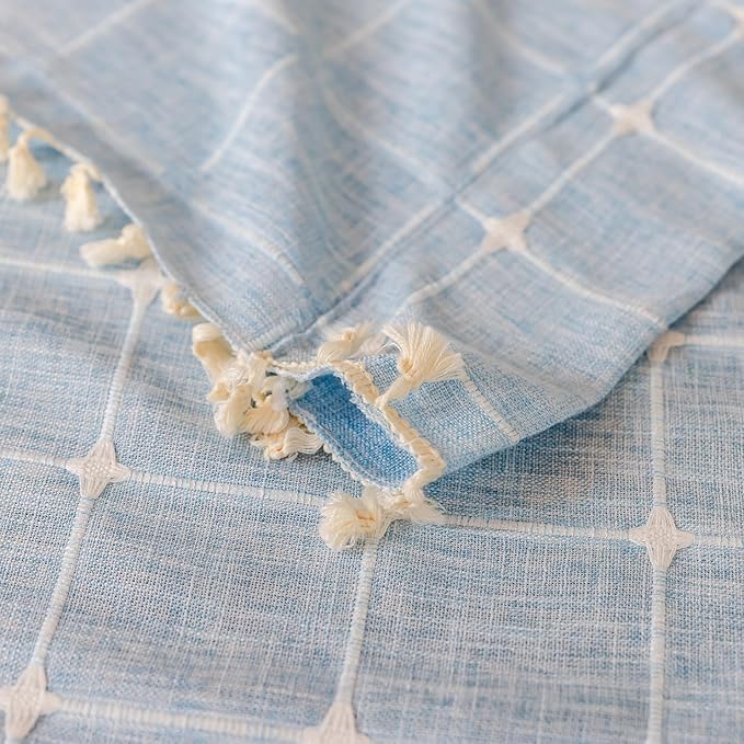 Deeprove Blue Boho Curtain 84 Inches Long for Kid Boy's Bedroom Nursery Room, Cotton Linen Lattice Plaids Embroidery Semi Blackout Bohemian Window Treatment Grids Drape Tassels, 1 Panel W52 x L84