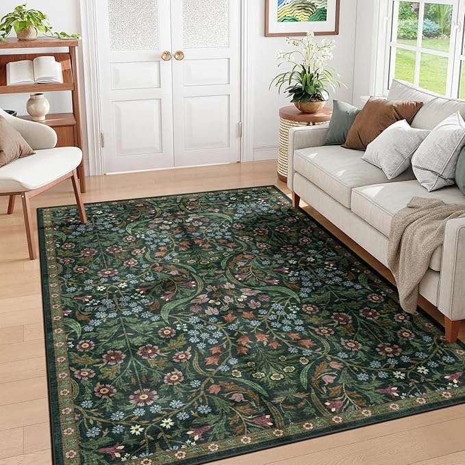 6x9 Washable Area Rug for Living Room, Floral Non-Slip Non-Shedding & Easy Care, Soft Low Pile Botanical Indoor Floor Carpet for Living Room, Bedroom, Farmhouse, Dining Room, Kids Playroom, Green