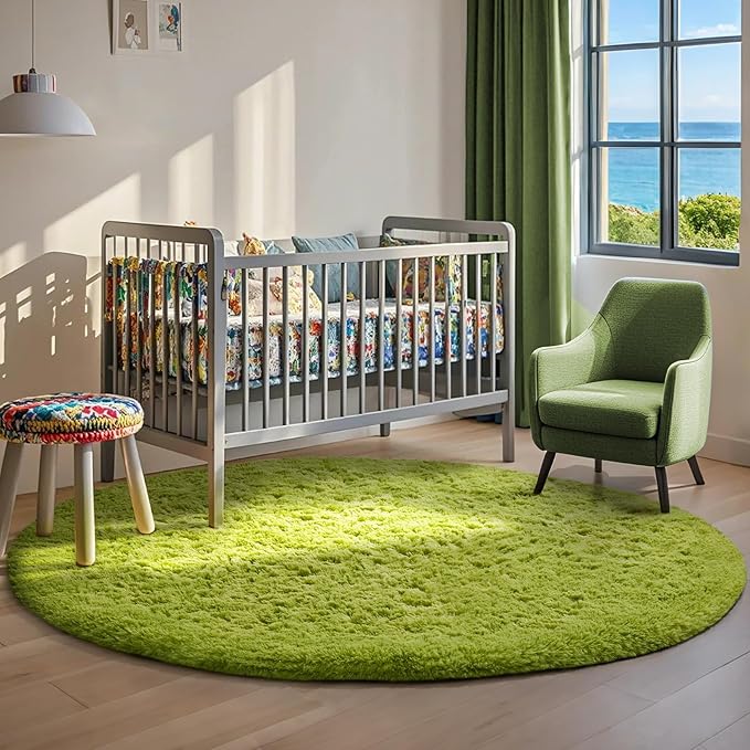 Ophanie Round Rug 6Ft Green Circle Area Rug, Green Room Decor, Fluffy Fuzzy Bedroom Carpet, Plush Soft Shaggy Living Room Rugs for Kids Home Decor Aesthetic, Nursery