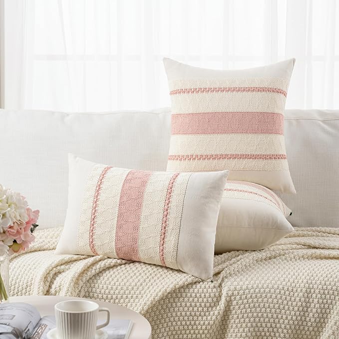 Fancy Homi Set of 2 Boho Pink Euro Decorative Throw Pillow Cover 26x26 Inch for Couch Bed Bedroom, Aesthetic Modern Organic Farmhouse Room Decor, Soft Cotton Accent Macrame Woven Cushion Case