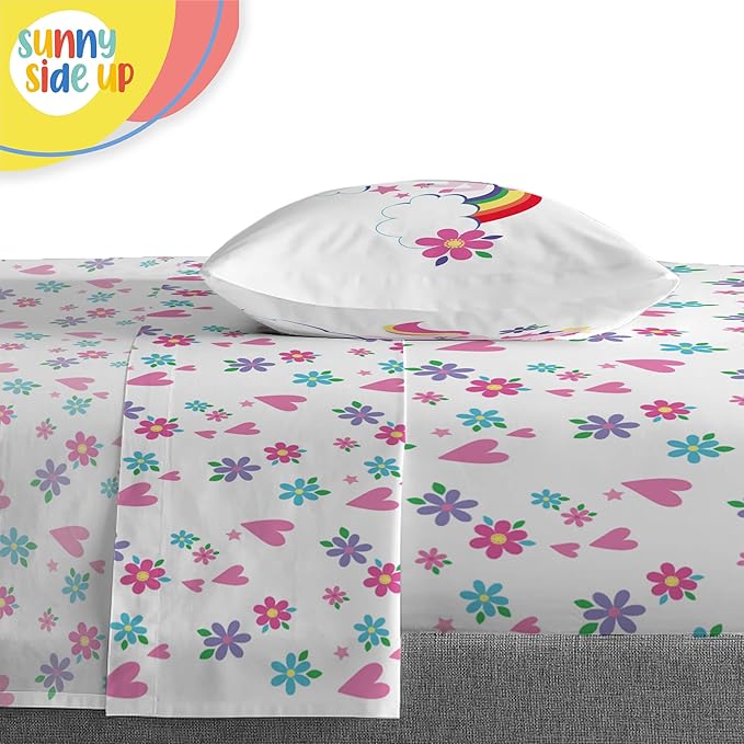 Sunny Side Up Rainbow Unicorns Twin Comforter Set - 5 Piece Kids Bedding Includes Comforter, Sheets & Pillow Cover - Super Soft Pink Floral Microfiber Bed Set
