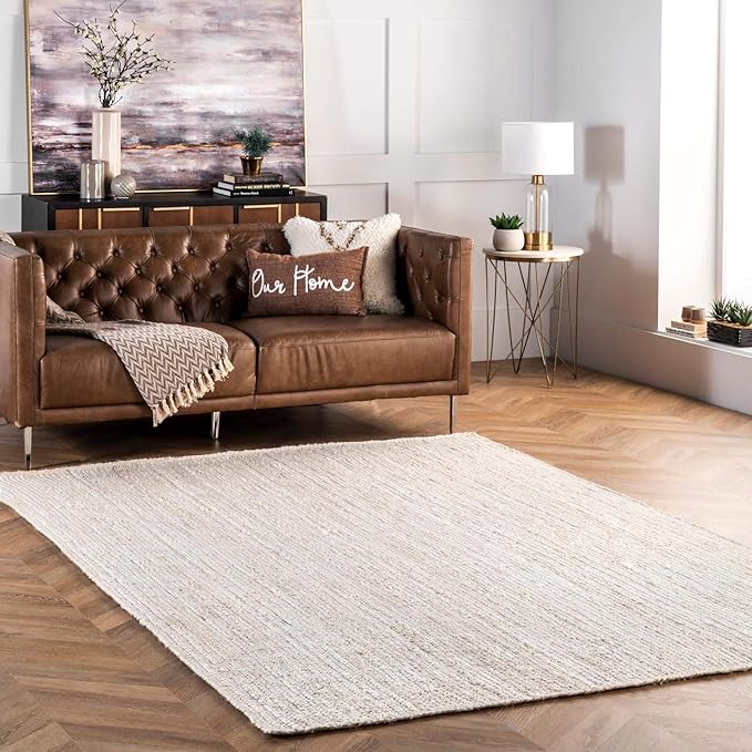 nuLOOM 10 Square Rigo Jute Hand Woven Area Rug, Off White, Solid Farmhouse Design, Natural Fiber, For Bedroom, Living Room, Dining Room, Hallway, Office, Kitchen, Entryway
