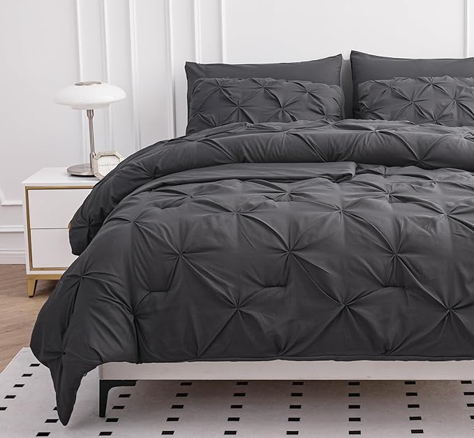 LANE LINEN Queen Comforter Set, 7 Piece Bedding Set, Pillowcases & Shams - Pintuck Comforter & Soft Queen Bed in a Bag Set - Grey