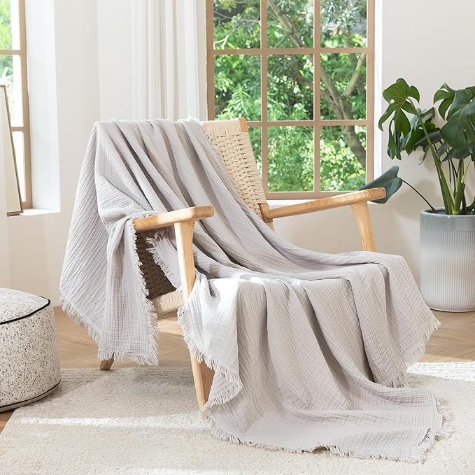 MooMee Muslin Blanket - 100% Cotton 4-Layer Gauze Throw Blanket with Tassels Ultra-Soft Breathable Lightweight Cooling for Bed Couch (Light Grey,Oversized Queen 98" x 98")