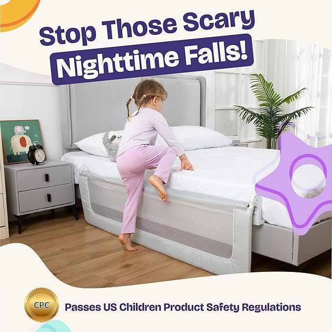 ComfyBumpy Bed Rail & Bumper Set for Toddlers – Extra-Long Rail + Foam Safety Guard | Fits Twin, Full, Queen & King Sizes | Non-Slip Protection for Comfortable Toddler Sleep | Grey