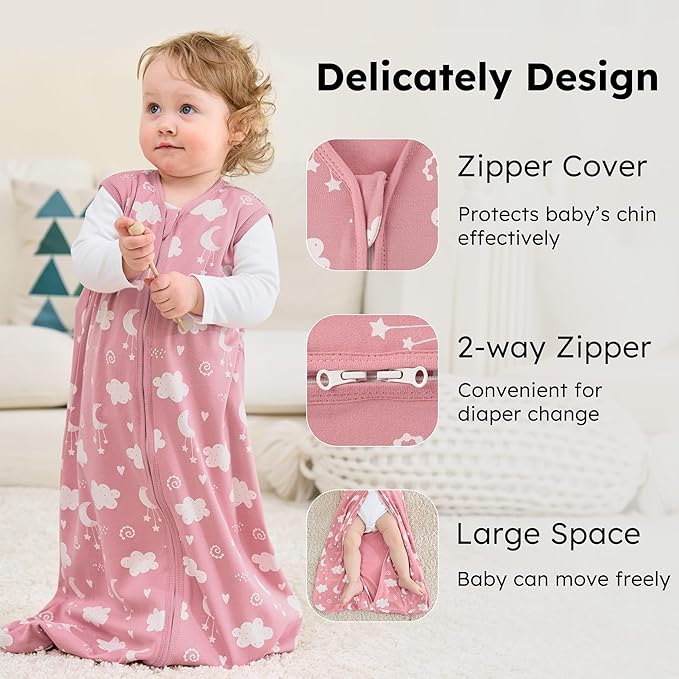 Baby Sleep Sack 0-6 months, 100% Cotton Sleeping Sack for Newborn and Infant, 3 Pack Baby Wearable Blanket, 0.5 Tog Lightweight Double Zipper Sleep Bag Small Pink Stars Moon
