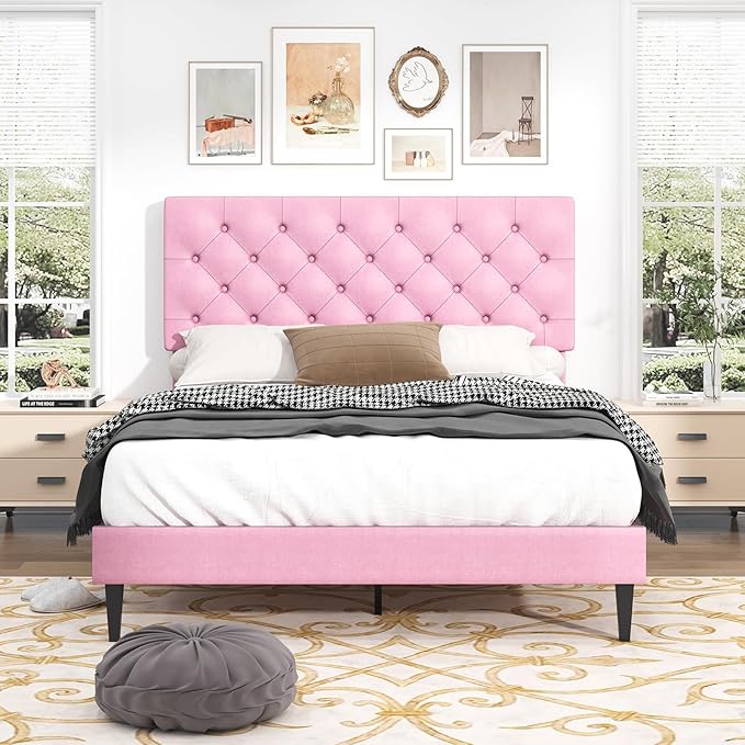 BarnFurin Full Size Bed Frame with Headboard, Upholstered Platform Bed with Adjustable Button Tufted Headboard, Fabric Bed Frame with Wooden Slats Support, No Box Spring Required, Easy Assembly, Pink