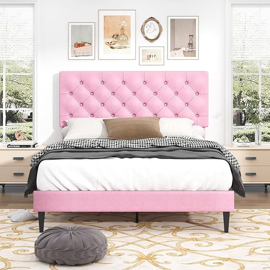 BarnFurin Full Size Bed Frame with Headboard, Upholstered Platform Bed with Adjustable Button Tufted Headboard, Fabric Bed Frame with Wooden Slats Support, No Box Spring Required, Easy Assembly, Pink