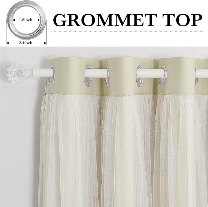 PONY DANCE Double-Layered Curtains - Blackout Curtains 63 Inch Length, Grommet Top Design White Sheer Panels for Bedroom/Living Room (W52xL63, Beige, One Pair, with Free Tie-Backs)