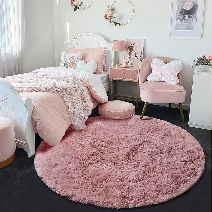 Blush Pink Fluffy Round Rug 4Ft for Bedroom, Fuzzy Furry Circle Area Rugs for Kids Room Decor Aesthetic, Shaggy Circular Carpet for Girls Nursery Dorm Baby Teen, Cute Neutral Dusty Rose Mauve Rug