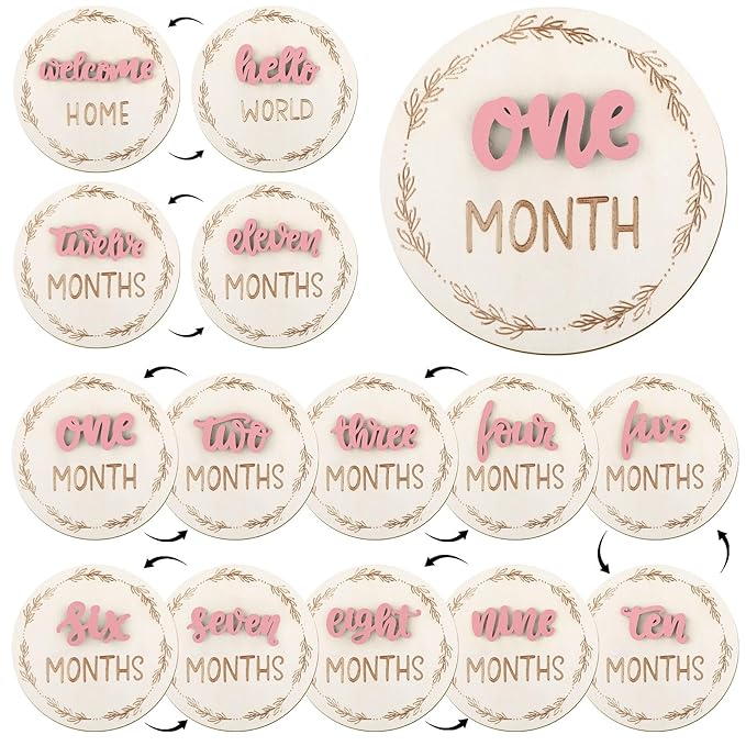 7 Pcs Months Baby Milestone Signs, 3D Pink Baby Monthly Milestone Cards Milestone Wooden Circles for Newborn Boy Girl 1-12 Months Baby Milestone Pictures (Double Sided)