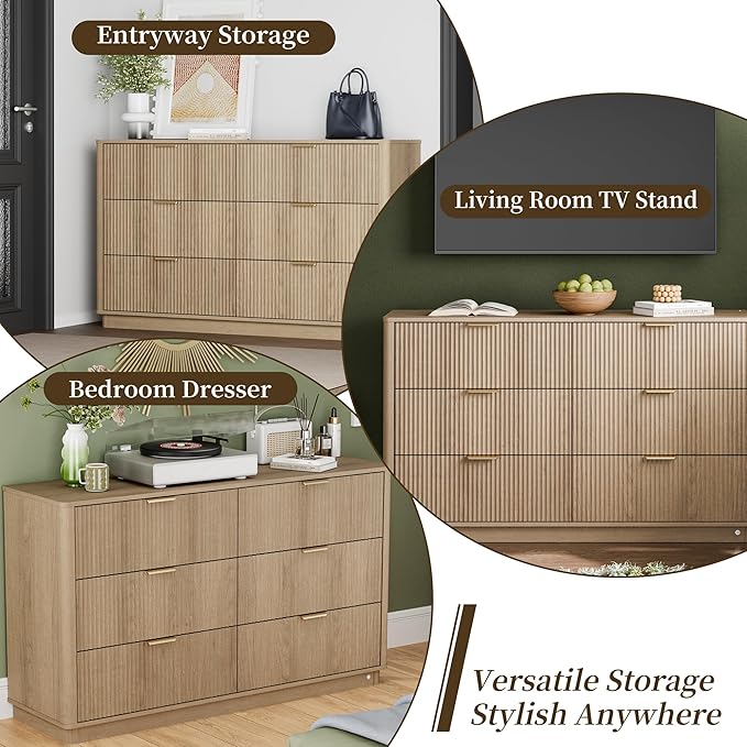 Fluted Dresser for Bedroom with 6 Drawers, 54" Wide Modern Chest of Drawers with Lighting, Wooden Dresser TV Stand with Curved Edges, Closet Organizer for Living Room, Hallway,Natural