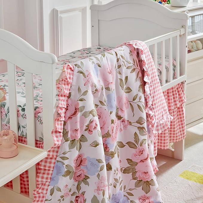 3 Pieces Flowers Crib Bedding Set Baby Ruffled Quilted Comforter with Fitted Sheet and Bed Skirt - Cute Ruffled Shabby Chic Baby Bedding Soft Blanket Floral Design