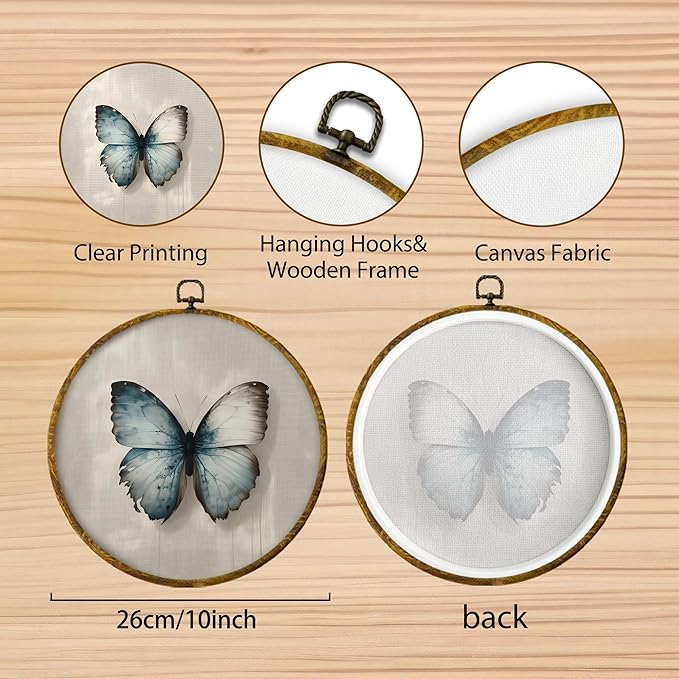Hiuwevt Vintage Moody Blue Butterfly Round Wall Art Decor, Retro Rustic Butterfly Framed Canvas Prints, Cottagecore Insect Round Wall Hanging Decor for Home Bedroom Decorations, 10x10 Inches