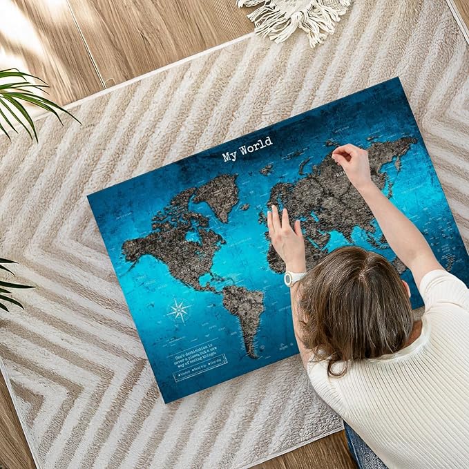 ElephantStock - My World Push Pin Travel Map Iii Wall Art - Horizontal Canvas Wall Art - Living Room Wall Decor - Digital Art Map Canvas Art - Turquoise And Blue Decor - 36" x 24"