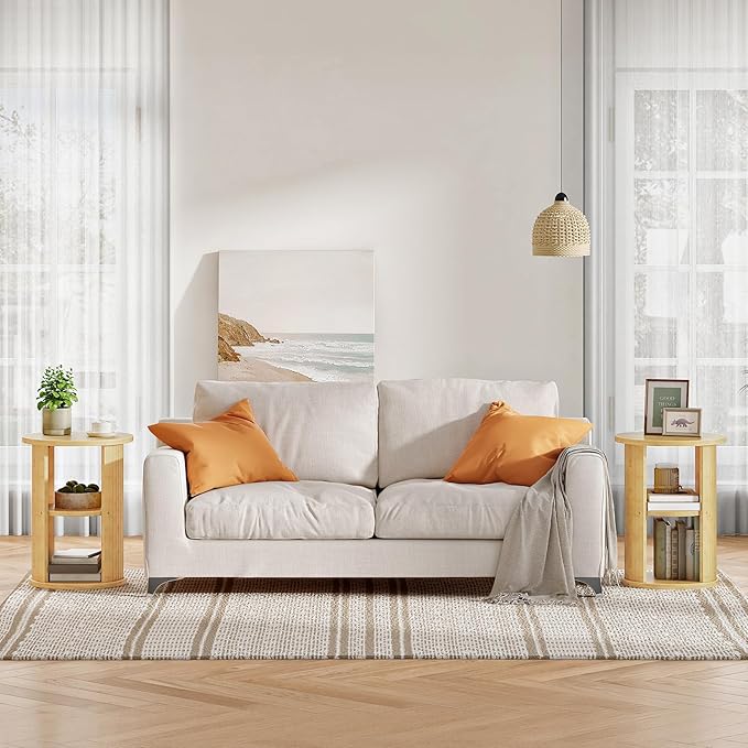 HOOBRO Small Round Side Table, 3-Tier Round Bamboo End Table, Sofa Bedside Table, Bohemian Style Nightstand Easy Assembly, for Living Room, Bedroom, Apartment, Natural YL192BZ01