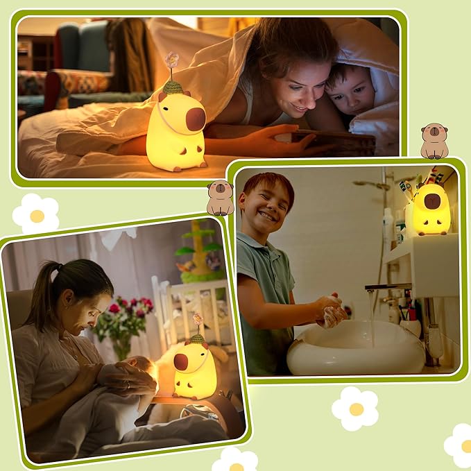Cute Capybara Night Light, Squishy Animal Flower Lamp with Rechargeable Timer Dimmable, Nursery Nightlight Home Bedside Decor Birthday Christmas White Elephant Gift for Kids Women Friend