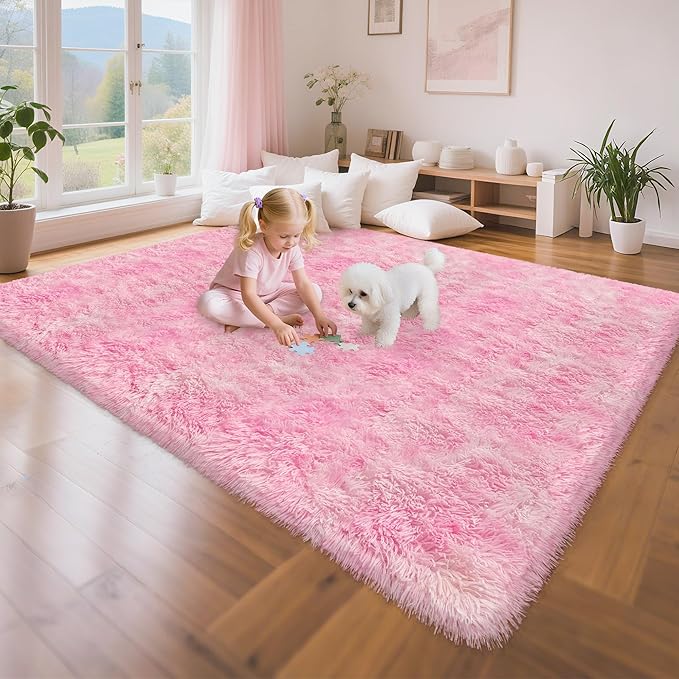Fluffy Pink Rugs for Bedroom Girls, 5x8 Soft Fuzzy Area Rug Shag Carpet for Kids Room Playroom Nursery Living Room Dorm, Washable Plush Shaggy Rug Play Mat for Kids Baby Boys Teen
