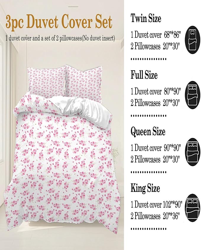 Girl Duvet Cover Queen Pink White Flower Print Bedding Sets Garden Style Floral Aesthetic Cover Chic Floral Bedroom 1 Duvet Cover with 2 Pillowcases