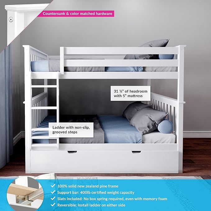 Max & Lily Bunk Bed, Full-Over-Full Wood Bed Frame For Kids With Trundle, White