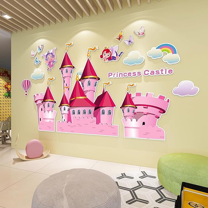 3D Castle Wall Stickers for Girls Room Decor Wall Decals Peel and Stick for Girls Bedroom Large Pink Princess Pictures Kids Murals Wallpaper Art Inspirational Decor for Nursery Toddler