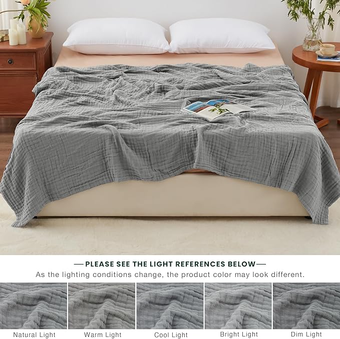 Love's cabin 6 Layer 100% Cotton Muslin Blanket, 108"x90" Muslin King Size Blanket for Bed Couch, Lightweight and Breathable Cotton Gauze for Adult, Medium Grey