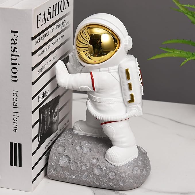 Space Decor Bookends, Resin Astronaut Bookshelf Ends for Kids Rooms Gold Book Ends for Heavy Books Fun Heavy Duty Book End Holder Astronaut Figurine Statue for Office Home Room(D-Gold)