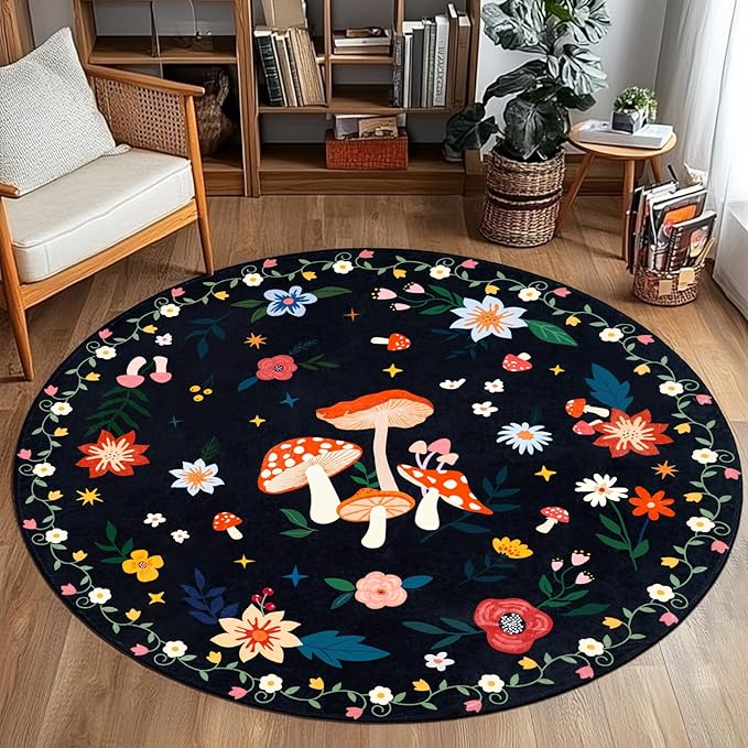 4' Machine Washable Round Area Rug, Non-Slip Vintage Floral Circle Floor Rugs for Kids, Low Pile Room Carpet for Living Room, Bedroom, Dining Room & Nursery(4' Black Mushroom)