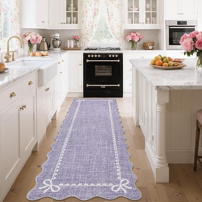 GarveeHome Scalloped Bow Rug for Living Room, Solid Purple Rug for Dorm, Washable Runner Rug 2.5x8 Soft Low Pile Non Slip Scalloped Rugs for Nursery Bedroom Decor Hallway Entryway Playroom