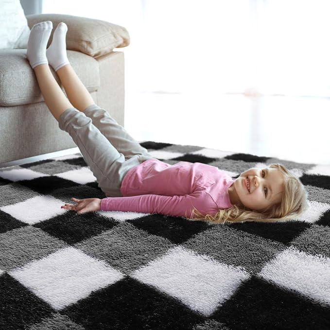 KICMOR 6x9 Area Rugs for Living Room, Large Fluffy Soft Black White Grey Checkered Big Fuzzy Shag Shaggy Bedroom Carpet, Indoor Plush Rug for Kids Boys Girls Room Dorm Nursery Home Decor Aesthetic