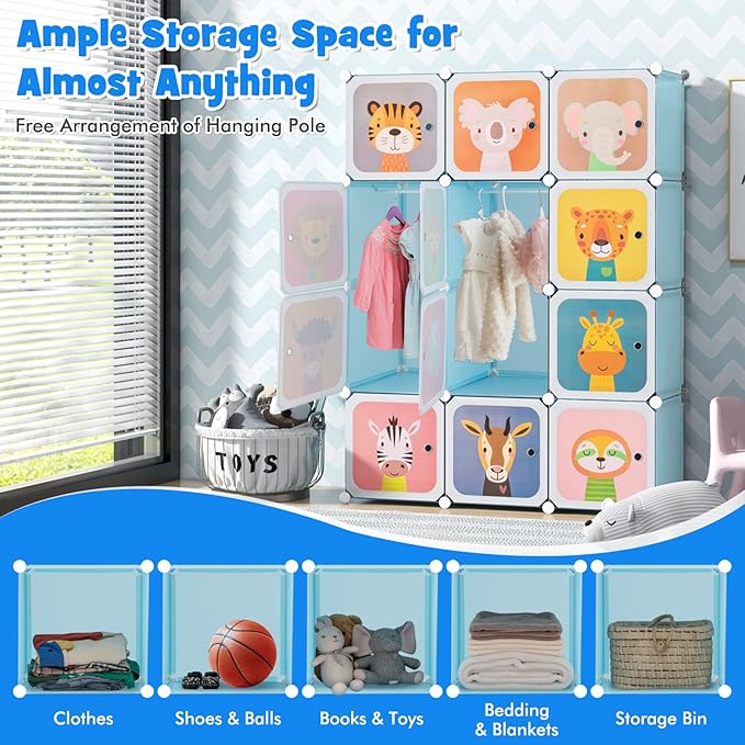 HONEY JOY Kids Wardrobe Closet, Baby Cartoon Clothes Storage Organizer, 12 Cubes & 2 Hanging Sections, Portable Children DIY Modular Bedroom Armoire Dresser Cabinet for Boys Girls (Blue)