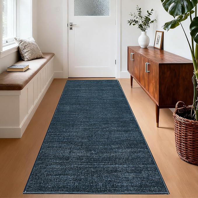 Washable Runner Rug 2x6 Modern Solid Color Kitchen Runner Mat Minimalist Plain Long Runner Rug for Entryway Bedroom Bedside Non Slip Low Pile Boho Accent Solid Runner Rugs for Nursery, Navy 2'x6'