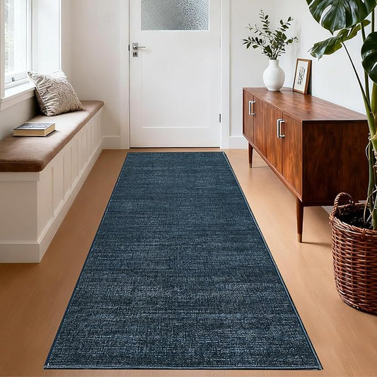 Washable Runner Rug 2x6 Modern Solid Color Kitchen Runner Mat Minimalist Plain Long Runner Rug for Entryway Bedroom Bedside Non Slip Low Pile Boho Accent Solid Runner Rugs for Nursery, Navy 2'x6'