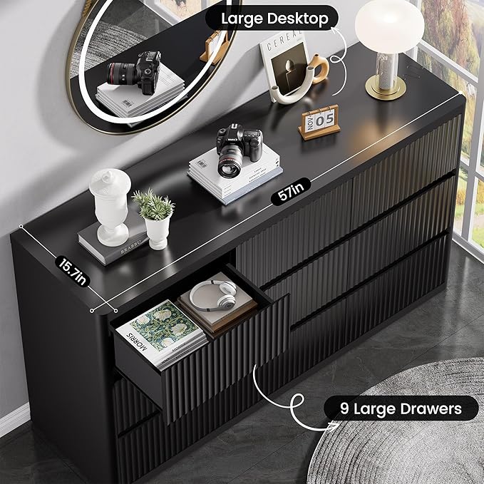 Black 9 Drawers Dresser, 57" Wide Fluted Dresser for Bedroom, Modern Chest of Drawers with Curved Profile, Handleless, Wooden TV Stand with Organizer Storage for Living Room, Entryway